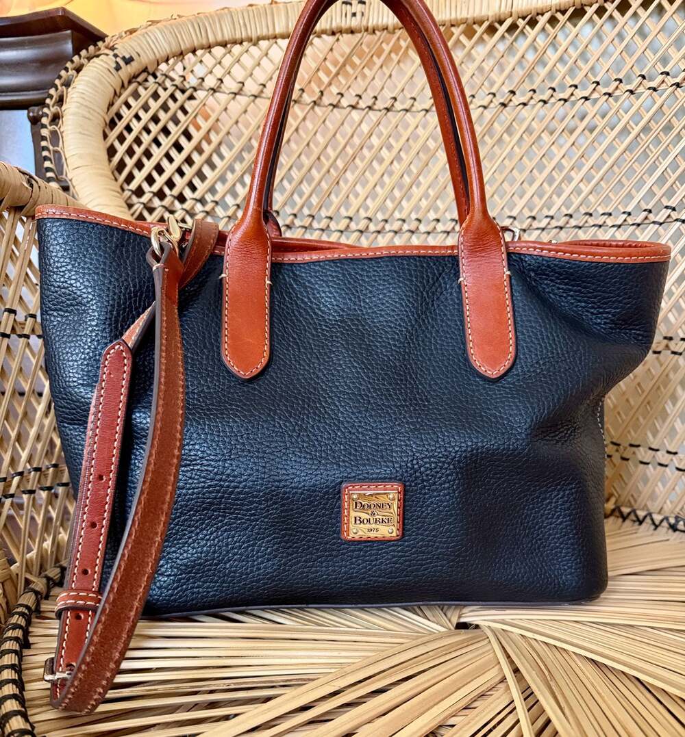 Dooney & Bourke Black Pebbled Leather Tote Handbag with Brown Trim